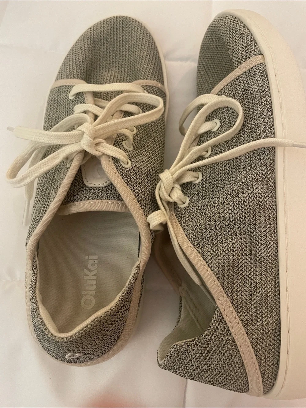 OluKai Heather Gray Knit Lace-Up Sneakers with Cream Accents